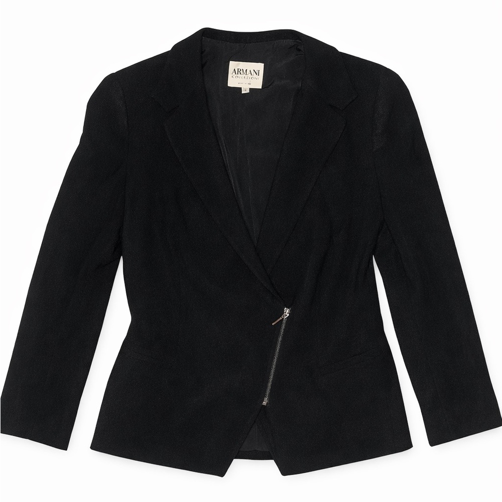 Armani Collezioni Black Asymmetrical Zip Wrap Blazer Jacket